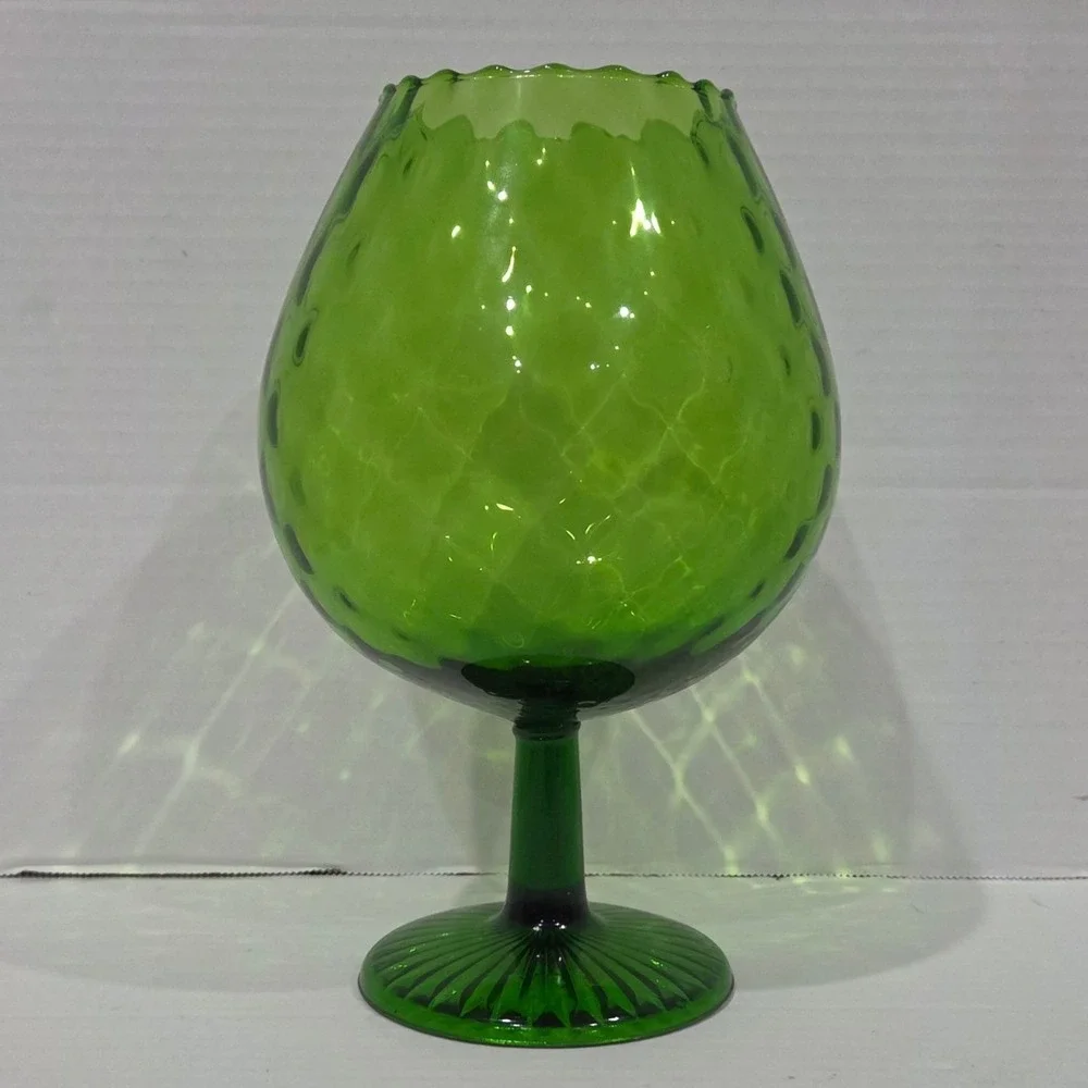 Vintage Green Glass Brandy Snifter Vase Oversized Scalloped Rim Pedestal 9 inch